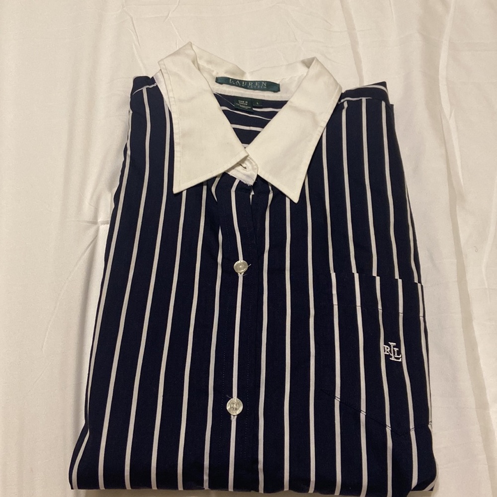 Ralph Lauren VTG Cuff & Collar Button-Up 3/4 Sleeve Shirt Navy/White Stripe SZ L - Picture 11 of 11